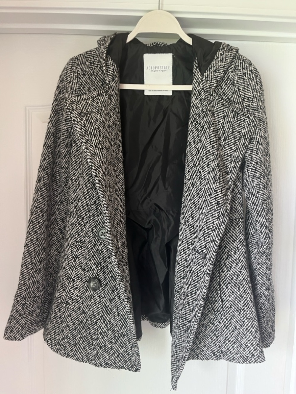 Aeropostale Black & White Herringbone Double-Breasted Pea Coat